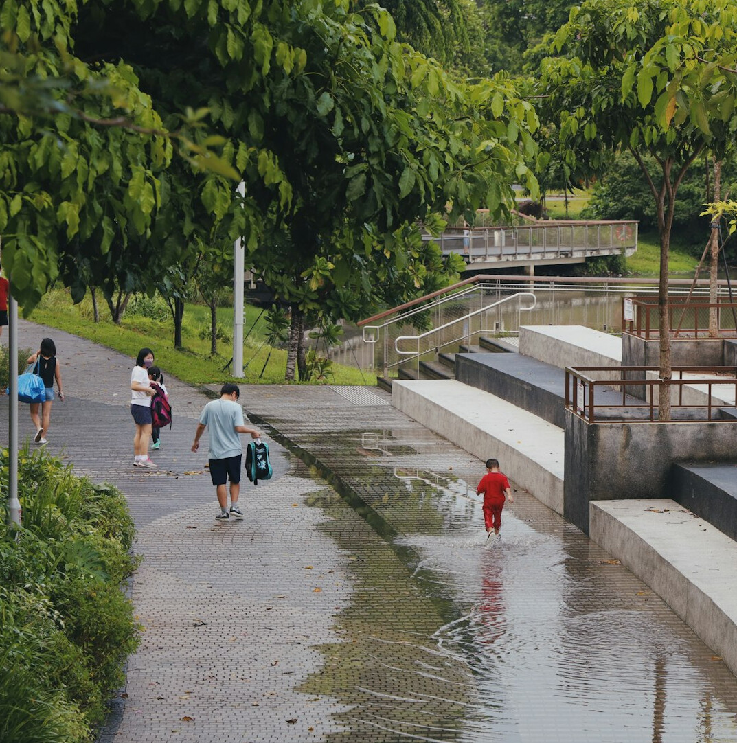 Families and children playing in an urban park