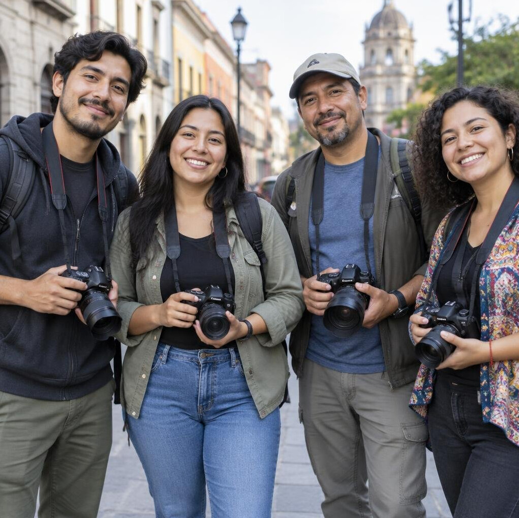 Group of diverse photographers standing together outdoors